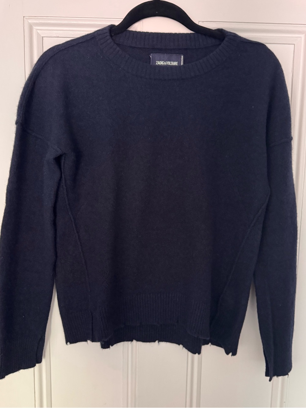 ZADIG & VOLTAIRE Cici Silver Star Elbow Patch 100% Navy Cashmere Sweater Sz M